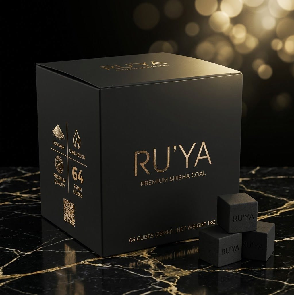 The RU'YA retail box: 64 embossed coal cubes of 26 millimetres, one kilogram