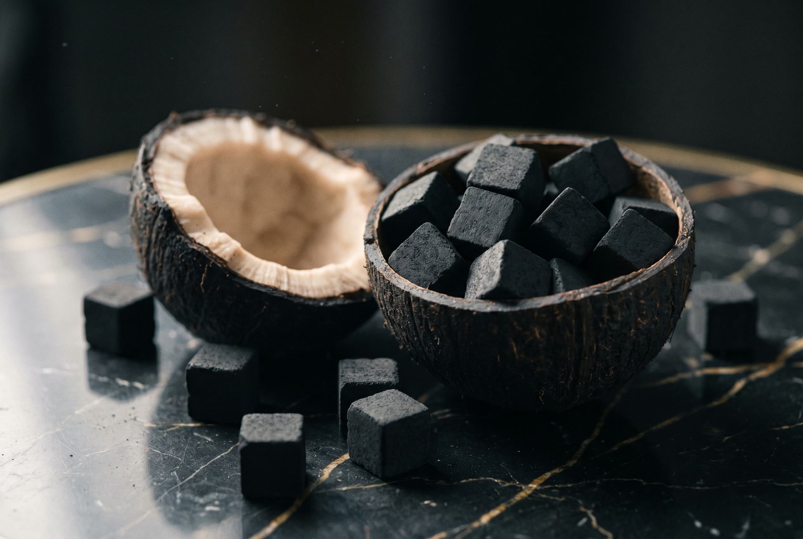 Coconut shell halves holding RU'YA coal cubes on dark marble